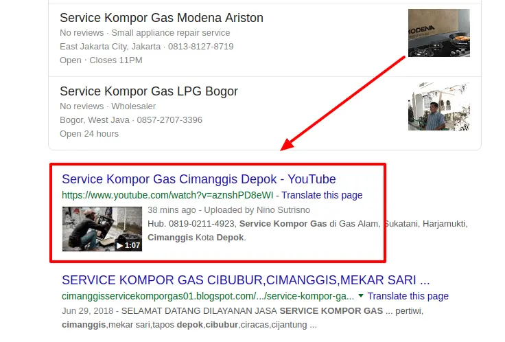 Hasil eksperimen SEO lokal service kompor gas Cimanggis