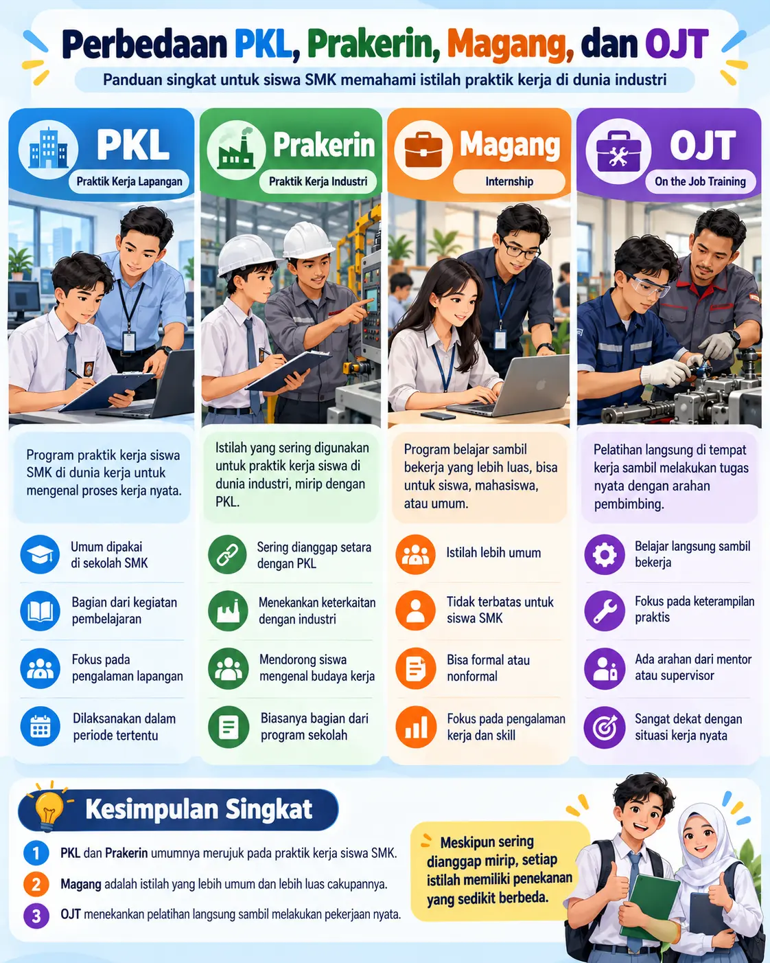 Ilustrasi perbedaan PKL Prakerin magang dan OJT untuk siswa SMK