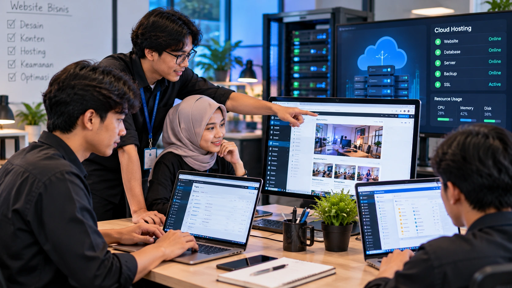 Tim perusahaan mengelola website bisnis menggunakan cloud hosting