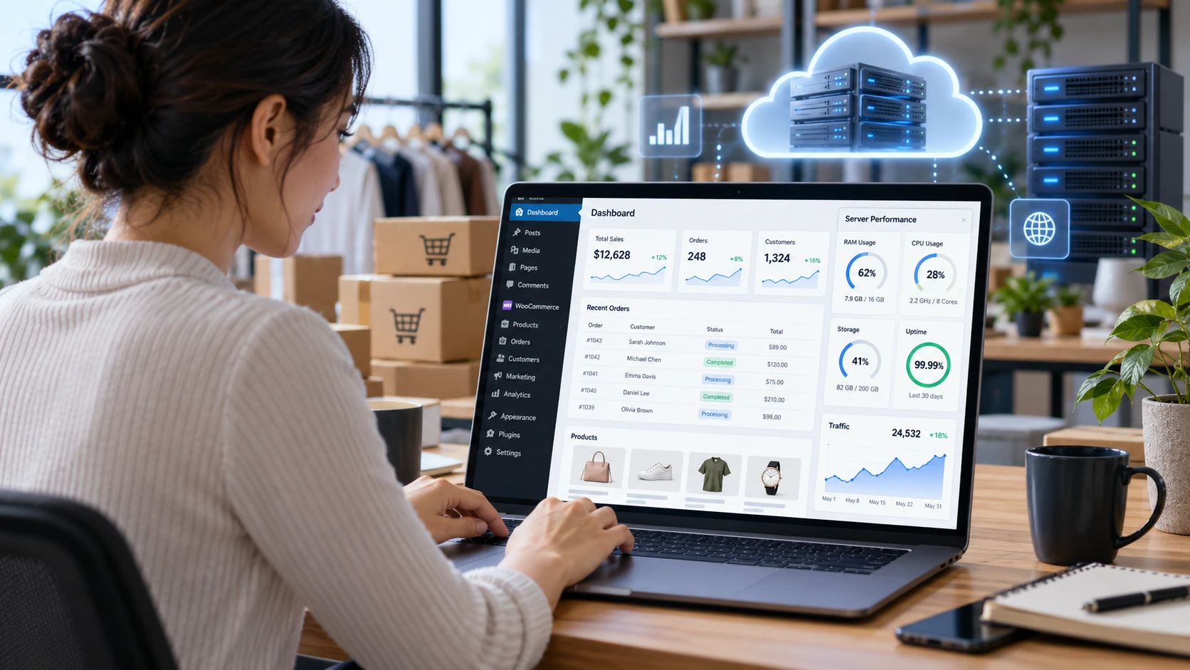 Pemilik toko online mengelola WooCommerce menggunakan cloud hosting