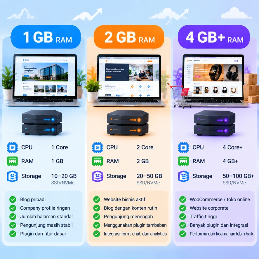 Perbandingan kebutuhan RAM hosting WordPress 1 GB 2 GB dan 4 GB